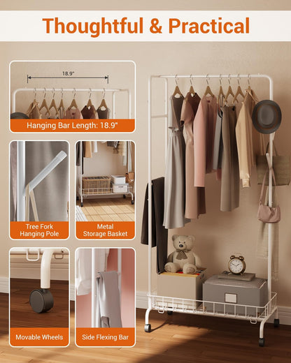 Clothes Rack, Multi-Functional Rolling Garment Rack with Metal Storage Basket and Side Flexing Bar (White)