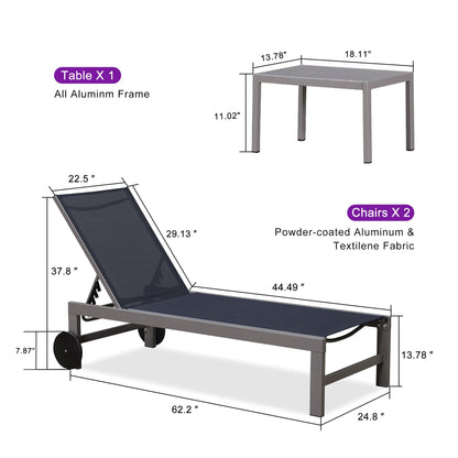 PURPLE LEAF Outdoor Lounge Chair Set for 2 Patio Chaise Lounger with Aluminum Frame and Easy-to-Move Wheels All-Weather Pool Lounge Chairs for Outside Garden Yard Poolside Table Included, Navy Blue
