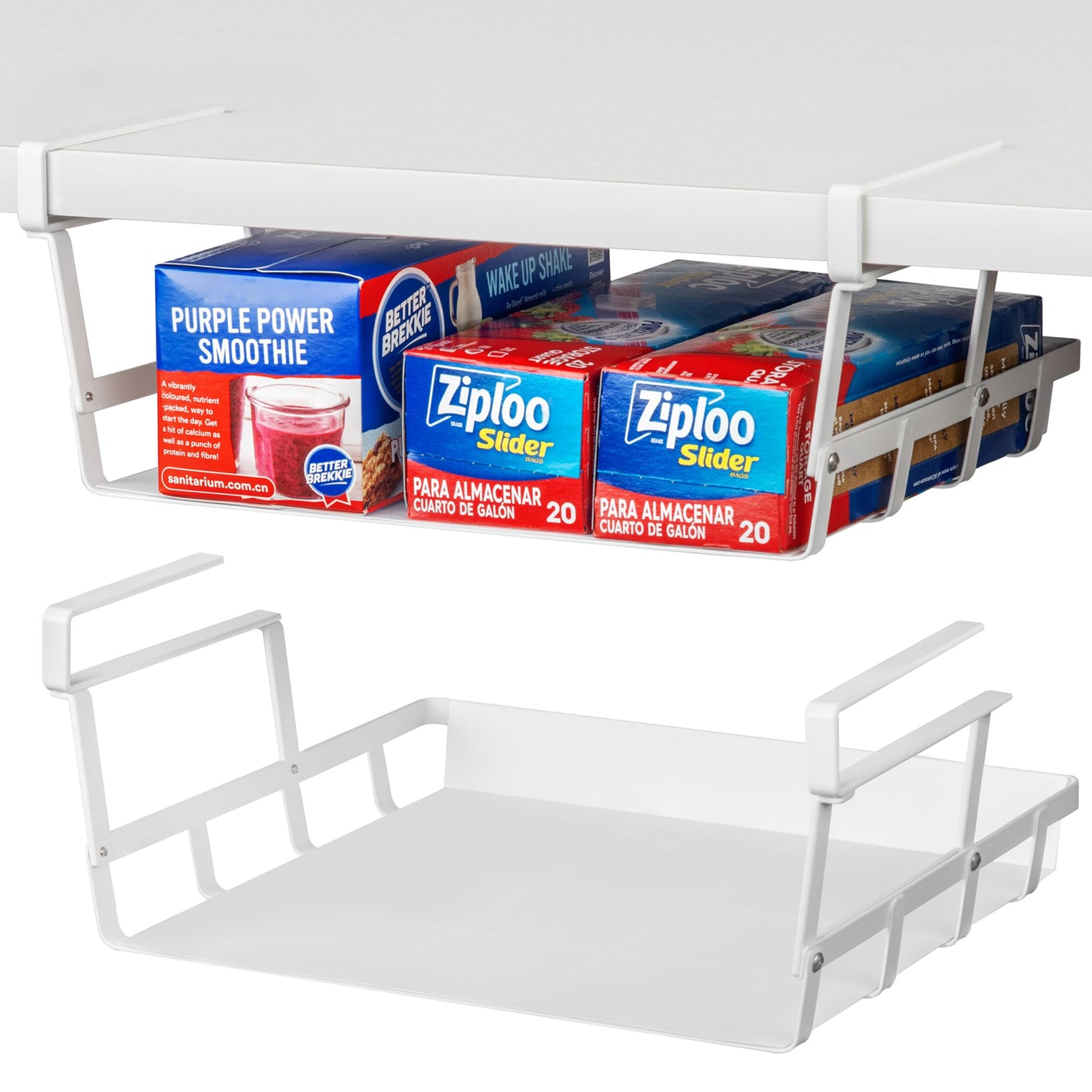 Abitrothy Under Shelf Basket, 2 Pack Under Cabinet Shelf Basket Organizer, Hanging Wire Storage Baskets, Slide-in, Add-on Space Saving for Kitchen Pantry Laundry Room Desk Bookshelf, White