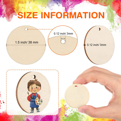 100 Pieces Unfinished Round Wooden Circles with Holes Round Wood Discs for Crafts Blank Natural Wood Circle Cutouts for DIY Crafts Party Birthday Christmas Decoration (1.5 Inch)