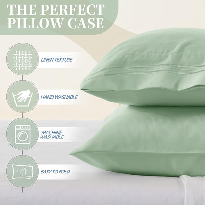 Vonty Queen Pillow Cases - 20x30 Inch, 1800 Thread Count Microfiber, Soft Sage Green Embroidered Covers