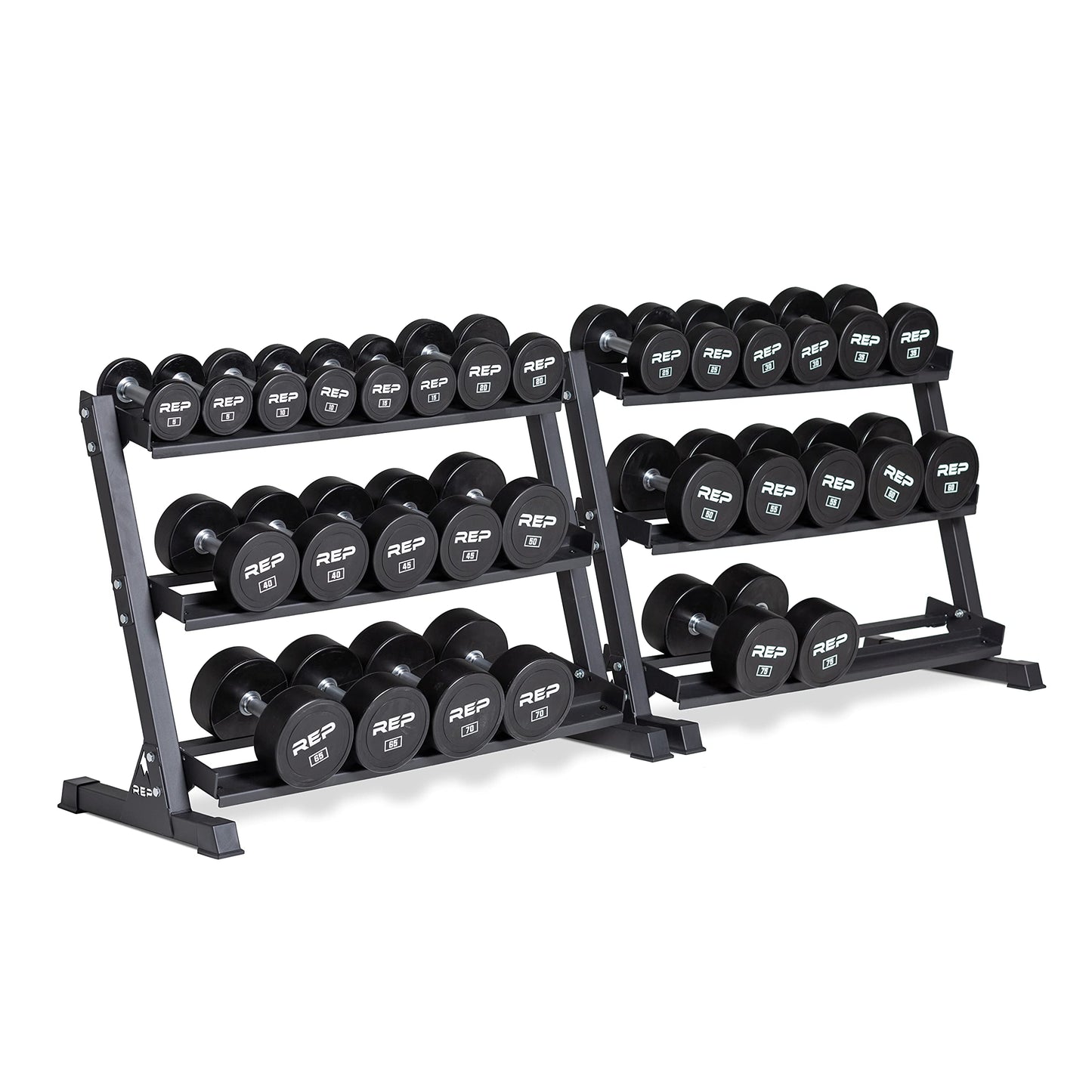REP Urethane Coated Dumbbell Set - 5-75 lb with 3-Tier Rack