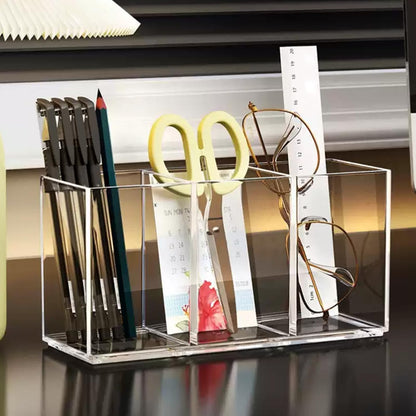 eieioo Acrylic Makeup Brush Holder, 2 Pack Clear Pencil Holder, Desk Accessories Holder with 3 Compartments, Brush Organizer for Vanity, Desk, Cosmetic Display