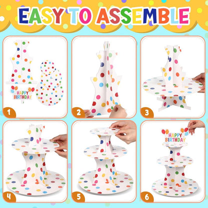 Zopeal Happy Birthday Cupcake Stand 3 Tier Birthday Party Cupcake Holder Polka Dots Cake Stand Holder Cardboard Dessert Tower for Theme Party Supplies Cake Decorations