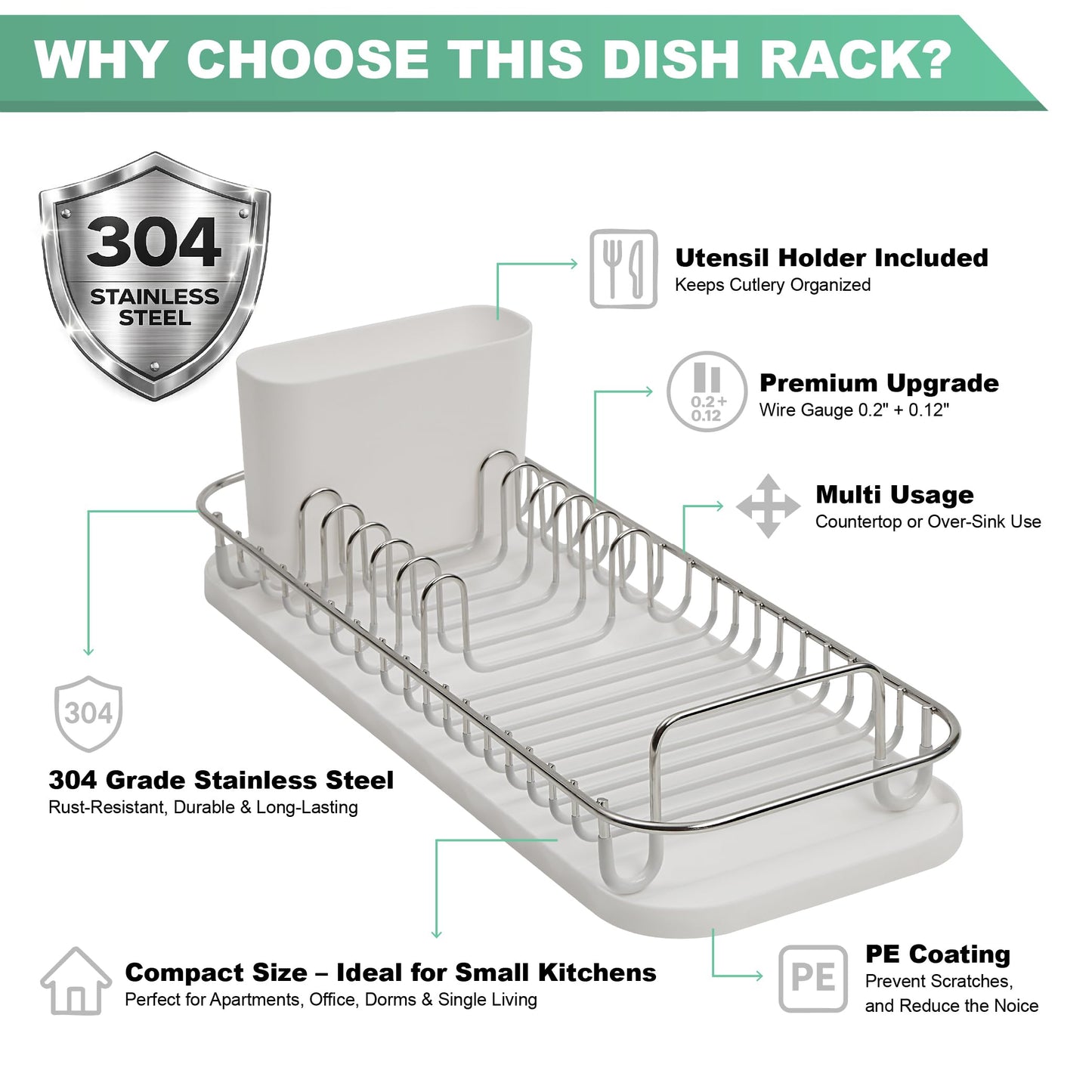 SunnyPoint 304 Stainless Steel NeverRust Compact Dish Drying Rack with Utensil Holder & Removable Drain Tray, Rustproof Small Dish Rack for Kitchen Countertop or Over Sink (Metallic Silver, Compact)