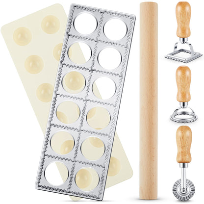 Geetery 5 Pcs Ravioli Mold Set 2 Inch Squares Ravioli Maker Cutter Include 1 Raviolis Maker Press 3 Pasta Cutter Stamp Makers 1 Wood Rolling Pin Pasta Making Tool for Home Kitchen Supplies (12 Holes)