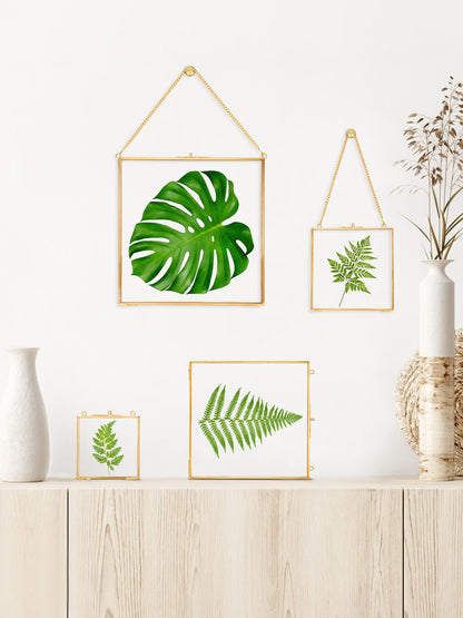REDHUGO Glass Pressed Flower Frames,Vintage Hanging Picture Frames with Chain,Handmade Brass Floating Picture Frame,Plant Specimen Wall Ornament Display Artwork DIY Family Photo,Square,Gold,4x4 Inches