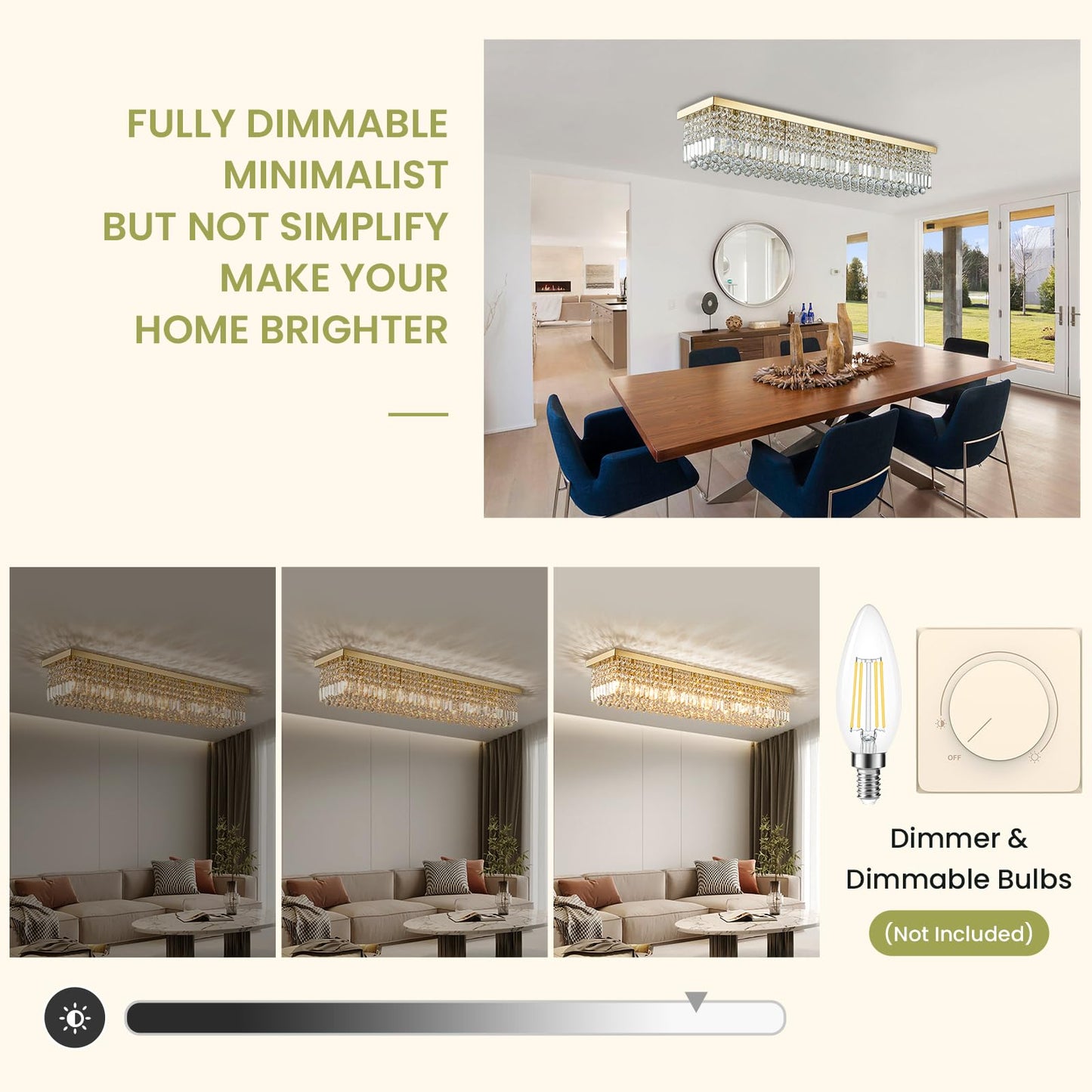 Siljoy 10-Light Modern Crystal Chandelier, Luxury Gold Rectangular Flush Mount Ceiling Light, Large Rectangle Raindrop Chandelier for Living Dining Room Kitchen Island Bar L47'' x W10'' x H10''