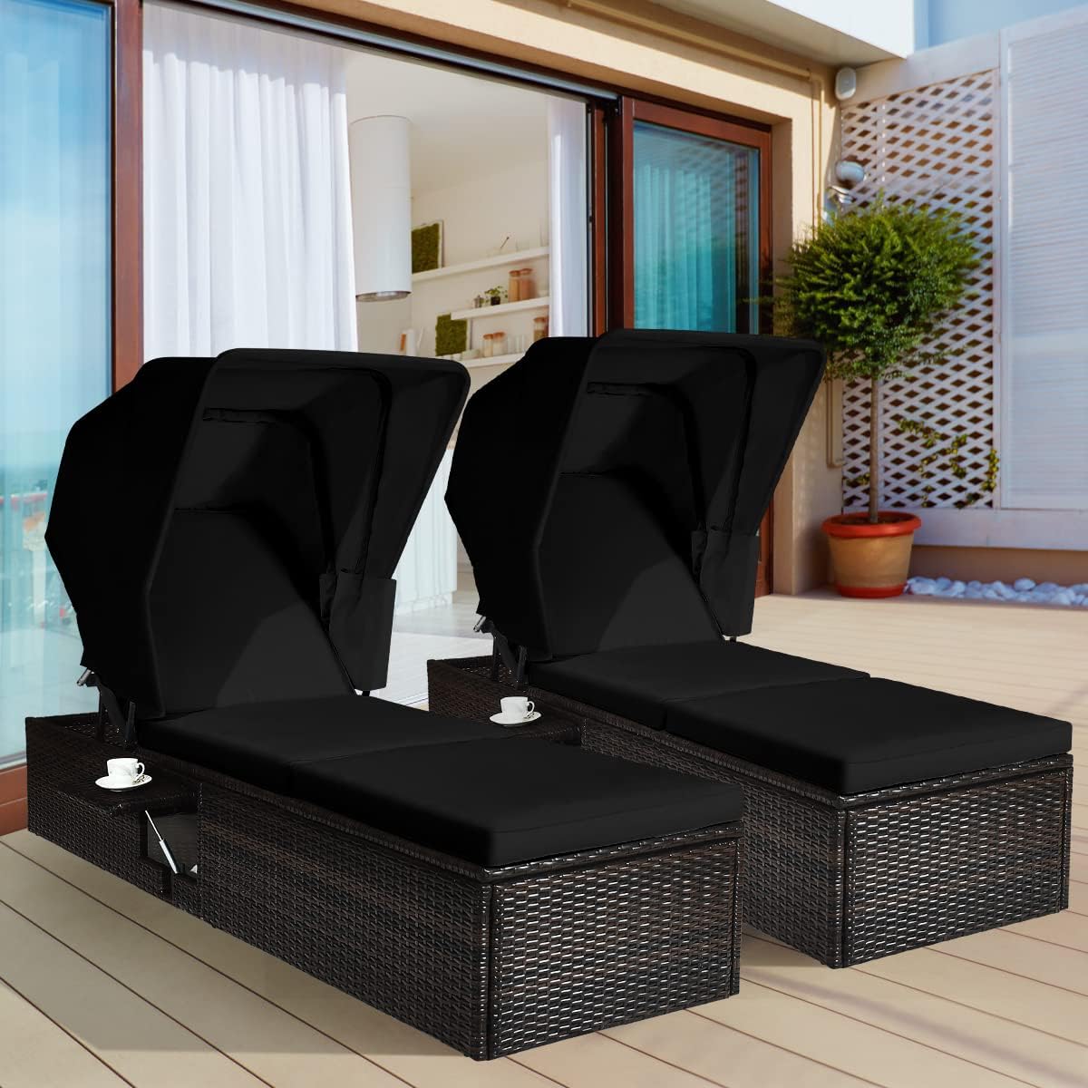 HAPPYGRILL Patio Chaise Lounge with Retractable Canopy, Outdoor Reclining Chair with Adjustable Backrest, Rattan Wicker Daybed with Coffee Table for Beach Poolside Backyard Balcony Porch