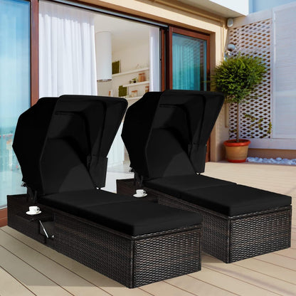 HAPPYGRILL Patio Chaise Lounge with Retractable Canopy, Outdoor Reclining Chair with Adjustable Backrest, Rattan Wicker Daybed with Coffee Table for Beach Poolside Backyard Balcony Porch