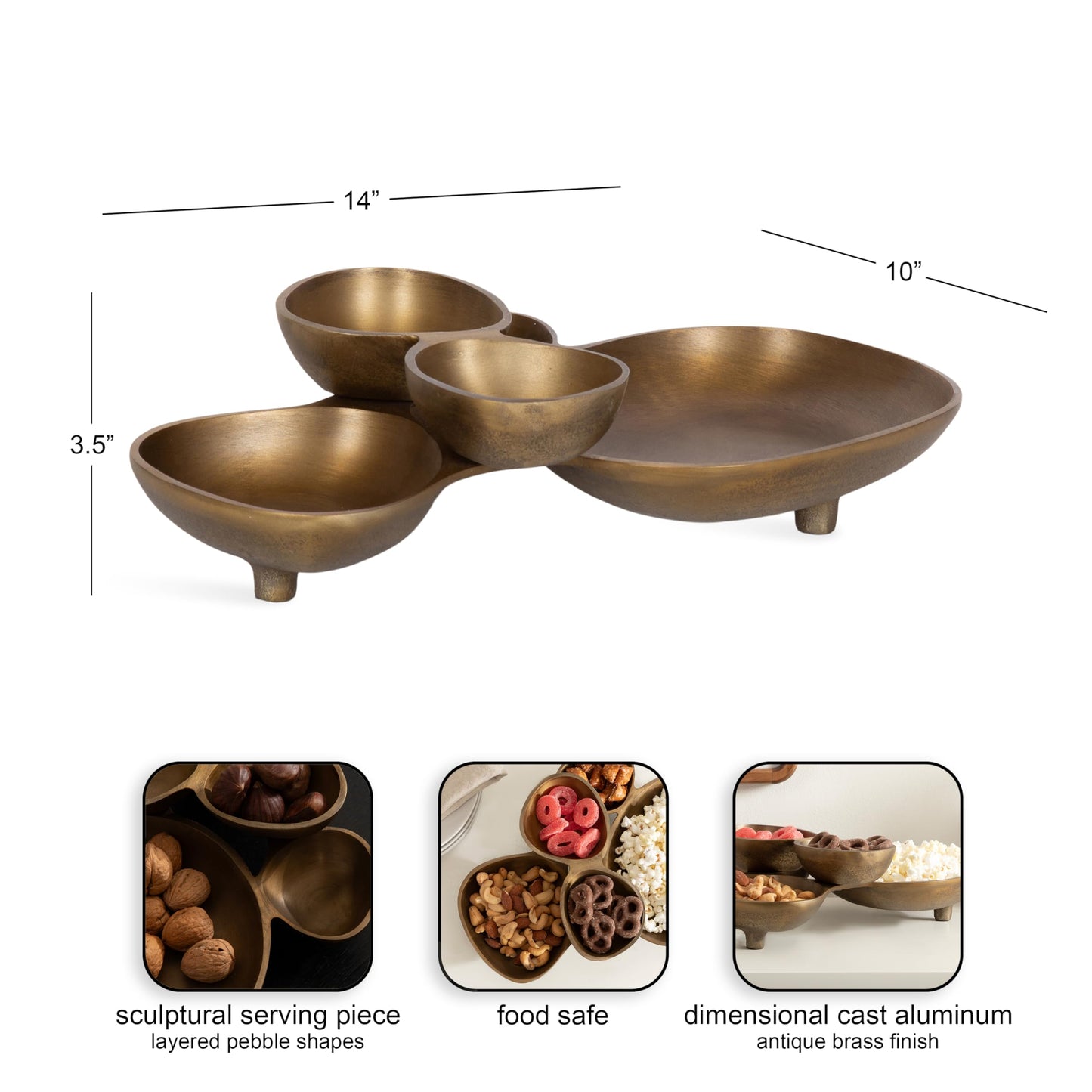 Kate and Laurel Cluso Modern Metal Tabletop Footed Cluster Tray, 14 x 10, Antique Brass, Sculptural Cast Aluminum Food-Safe Tray for Kitchen or Entryway Decor