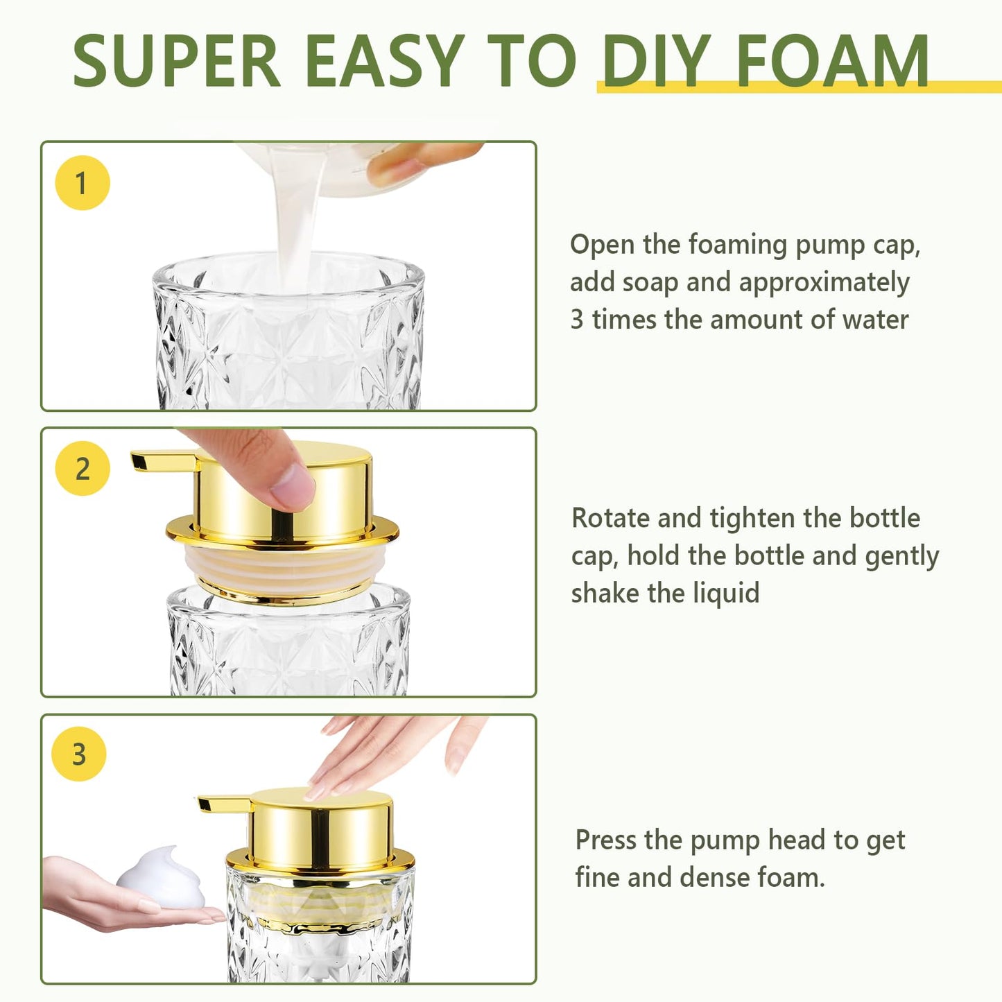Abriclo Glass Foaming Soap Dispenser 2 Pack Refillable Foaming Hand Soap Dispenser with Gold Large Pump Wide Opening for Bathroom Kitchen Countertop Modern Home Decor with Elegant Pattern, Transparent