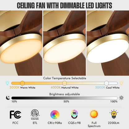 YZEENM 60 Inch Ourdoor Gold Ceiling Fan with Light, 5 Walnut Wood Blade Damp-Rated, Indoor Exterior High CFM Propeller for Patio Farmhouse, 6 Speeds Quiet Reversible DC Motor, for Living Room Porch