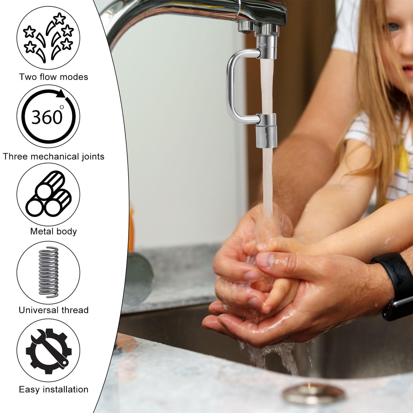 Rotatable Faucet Extender, Universal Swivel U-Shaped Rotatable Faucet Aerator Extender with 2 Flow Modes Suitable for Kitchen Bathroom Sink