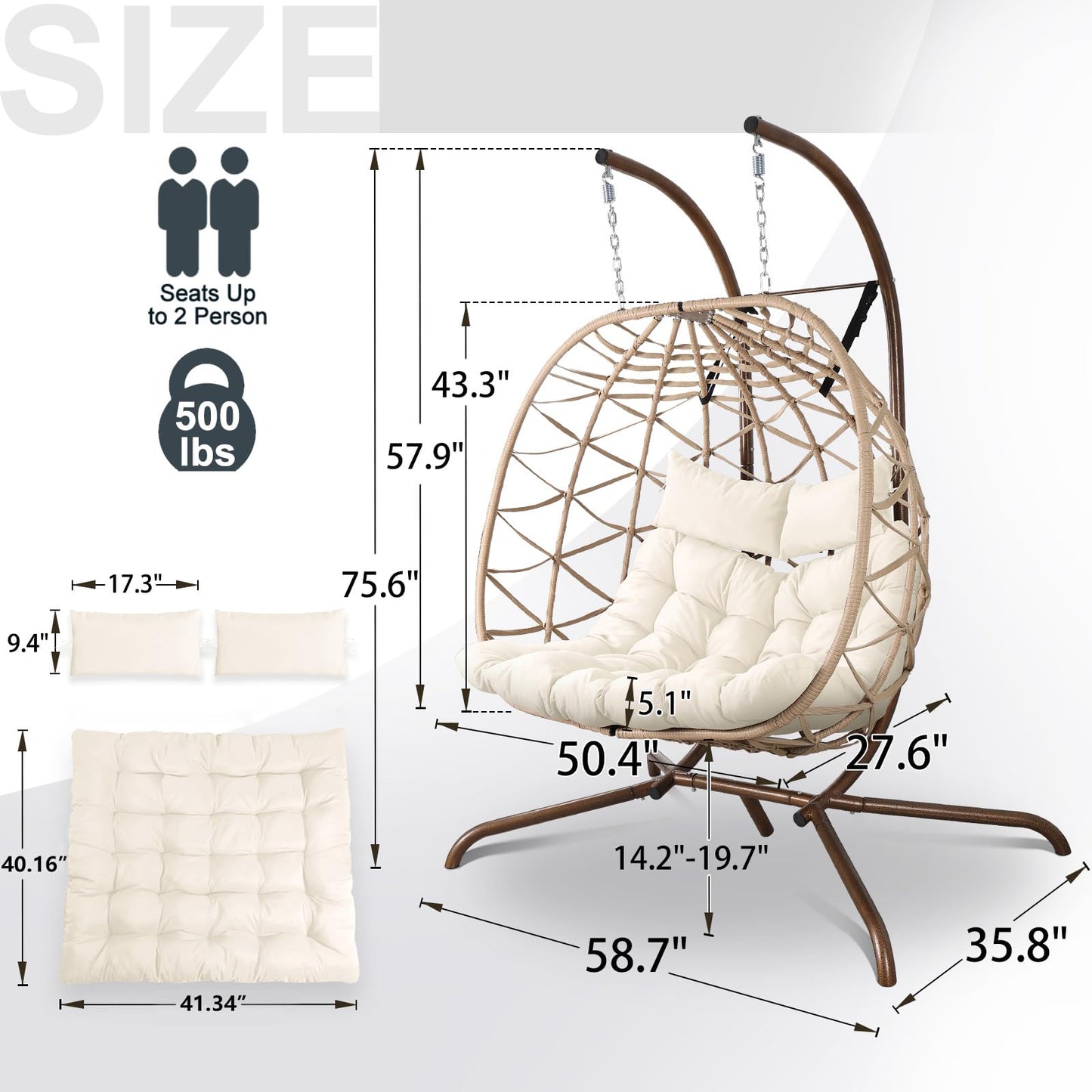 NOBLEMOOD Outdoor Egg Swing Chair with Stand, 2 Person Patio Swing Chairs with Thick Cushions and Pillows, Wicker Double Egg Chair Swing for Indoor Bedroom