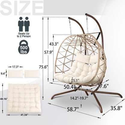 NOBLEMOOD Outdoor Egg Swing Chair with Stand, 2 Person Patio Swing Chairs with Thick Cushions and Pillows, Wicker Double Egg Chair Swing for Indoor Bedroom