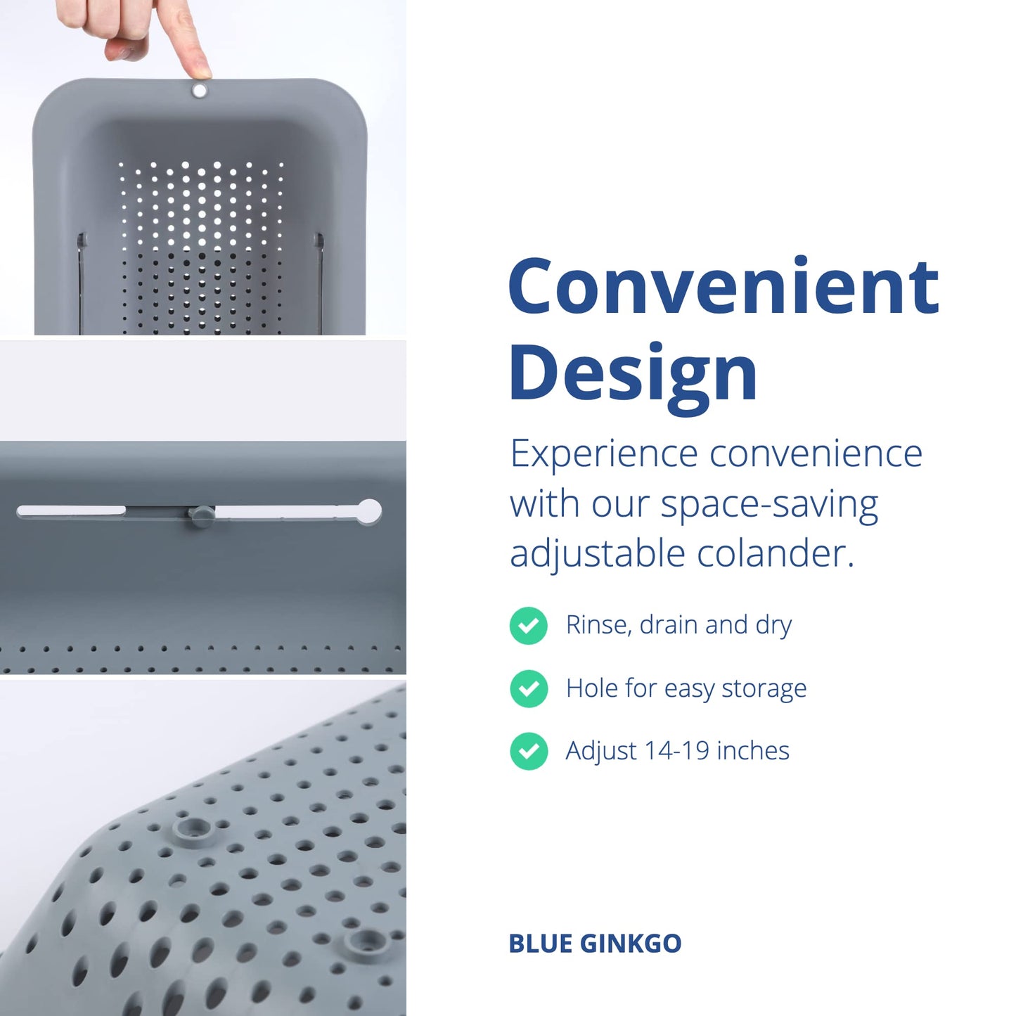 BLUE GINKGO Over the Sink Colander Strainer Basket - Wash Vegetables and Fruits, Drain Cooked Pasta and Dry Dishes - Extendable - New Home Kitchen Essentials (Grey, 1 Pack)