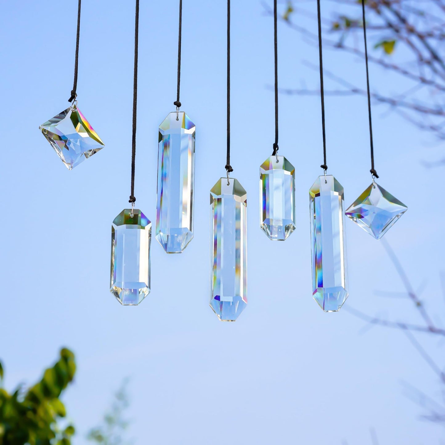 HDCRYSTALGIFTS Set 7 Clear Crystal Prisms Suncatchers Hanging Glass Ornament for Christmas Tree,Rainbow Maker Sun Catchers for Windows Home Garden Decoration,Modern Grief Gift