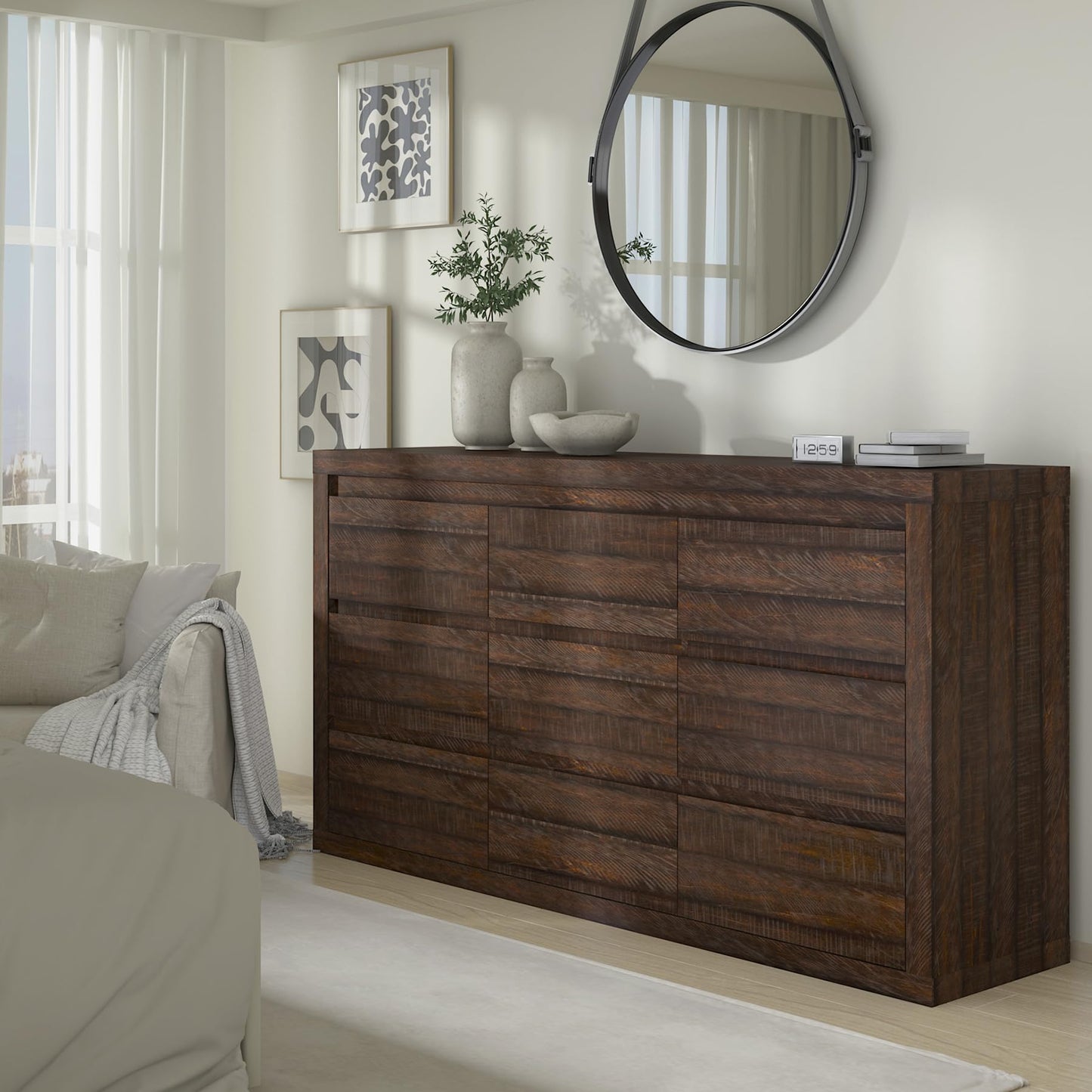 Garvee Modern 9 Drawer Dresser for Bedroom, Wide Chest of Drawers with Anti-Tipping Device, Wooden Storage Cabinet and TV Stand for Closet, Living Room or Hallway,Brown