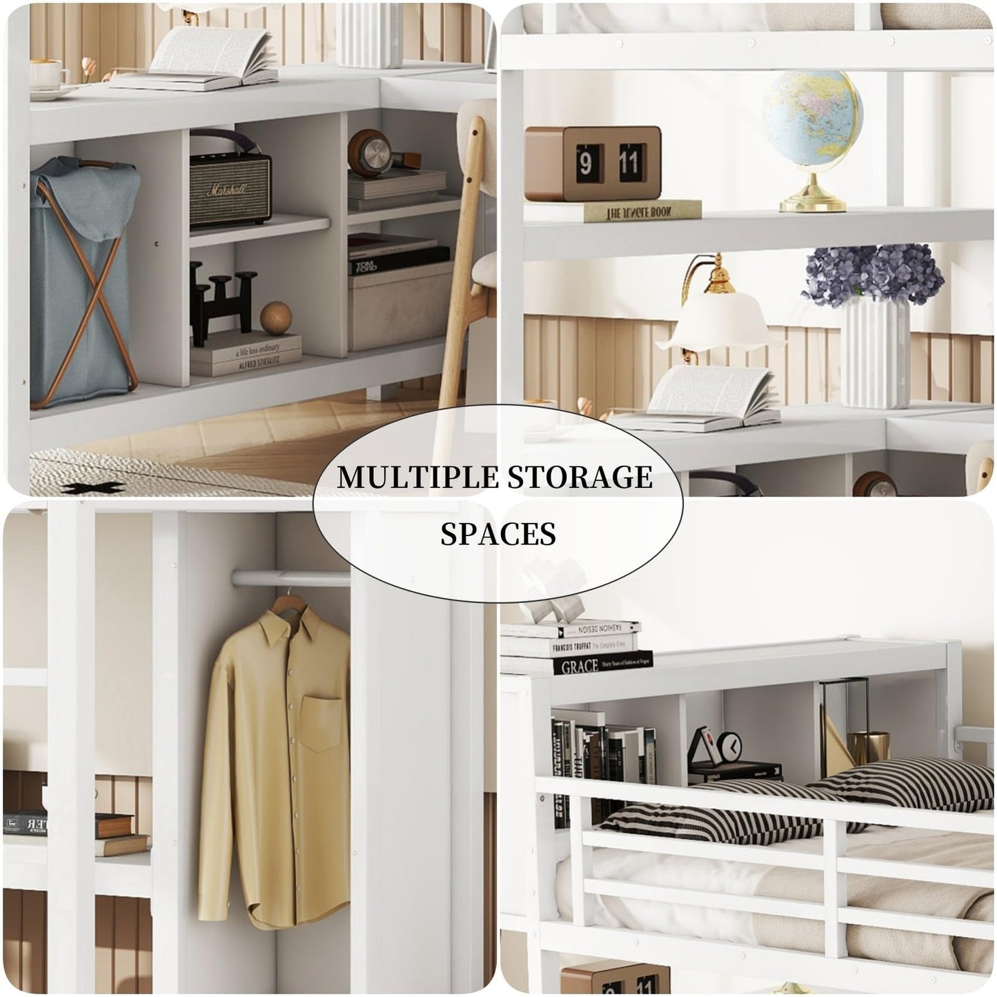 KEIKI Metal Queen Size Loft Bed Frame with Built-in L Shaped Desk, Wardrobe, Stairs, Storage Cubes & Shelves for Kids Teens Adults, No Box Spring Needed