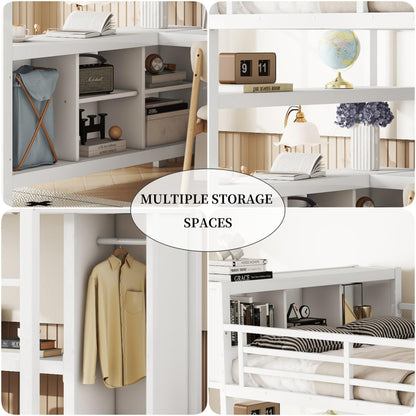 KEIKI Metal Queen Size Loft Bed Frame with Built-in L Shaped Desk, Wardrobe, Stairs, Storage Cubes & Shelves for Kids Teens Adults, No Box Spring Needed