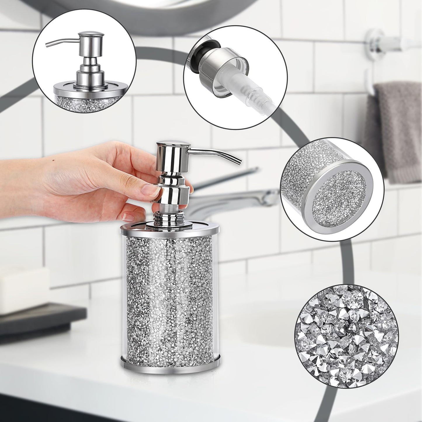 Sumnacon Soap Dispenser Bathroom Sparkling Hand Dispenser with Stainless Pump,Silver Crushed Diamond Dish Soap Dispenser for Kitchen Decorative Soap Dispensers for Kichen Sink Bathroom Countertop
