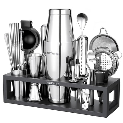 HMYBAR® Bartender Kit with Black Bamboo Stand, 31-Piece Cocktail Shaker Set, 20/28 oz Boston Shaker Set for Home Bar, Mixology Bar Tool Set with 39 Recipe Cards