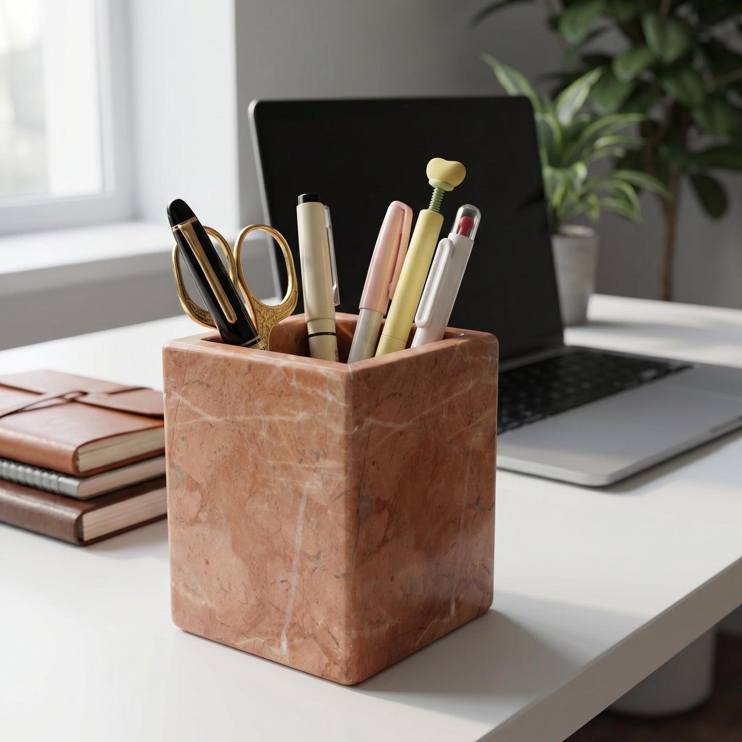 KEBTN Natural Marble Pen Holder, 2.95” x 3.74” Square Makeup Brush Organizer, Toothbrush Holder, Multi-Purpose Marble Caddy for Desk, Bathroom Vanity, Small Flower Vase & Office Supplies (Rosa Verona)