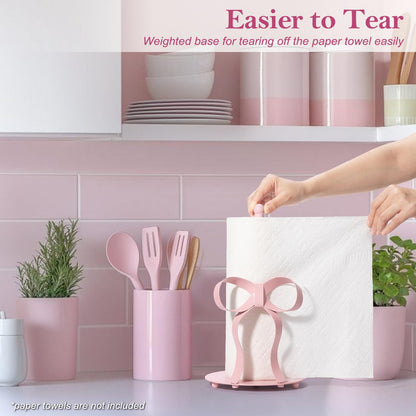 Shinlar Pink Bow Paper Towel Holder Coutertop - Bow Accent Paper Towel Holder, Pink Kitchen Decor and Accessories, Coquette Room Decor Girly Gifts for Women, 3D Handmade Pattern, Weighted Base