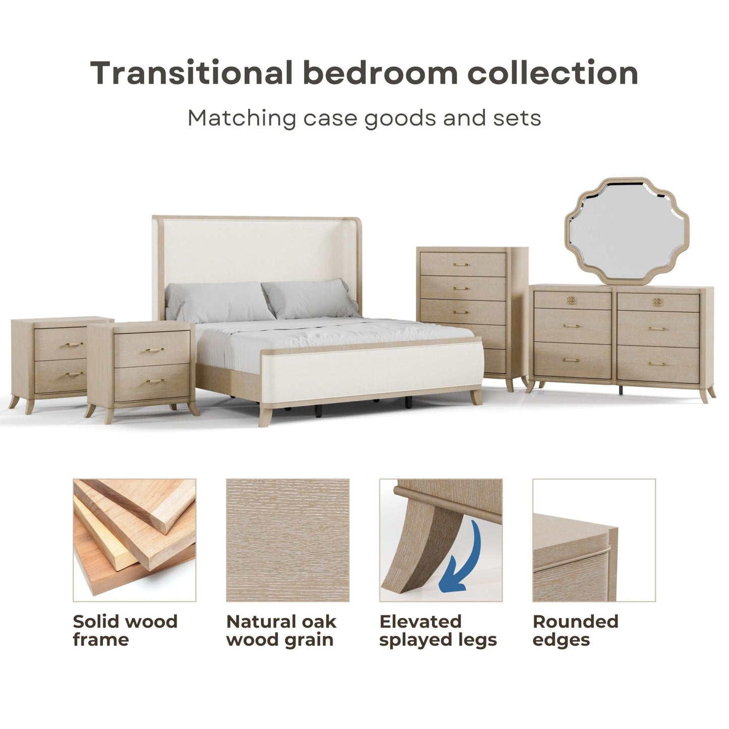 Furniture of America Saries Transitional Solid Wood 30-inch 2-Drawer Nightstand with Acrylic Hardware, Wooden Bedside Table, No Assembly for Bedroom, Guest Room, Space Saving, Natural Oak