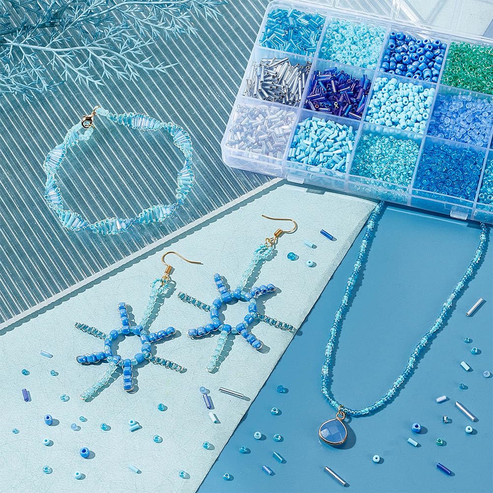 PH PandaHall 14 Colors 5944pcs Blue Series Seed Beads Kit 2~4mm 4052pcs Round Glass Beads 3~12x1.8~2mm 1892pcs Bugle Beads Tube Spacer Beads Loose Beads for Bracelet Necklace Jewelry Making