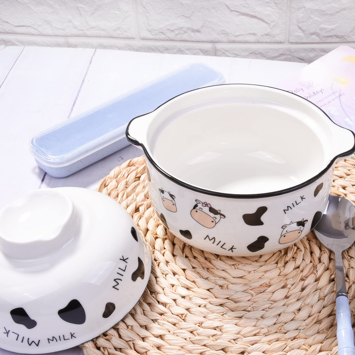 BOSILI Ceramic Bowl Set with Lid Chopsticks and Spoon 23.6 OZ Perfect for Soup Ramen Noodles and More Microwave Safe