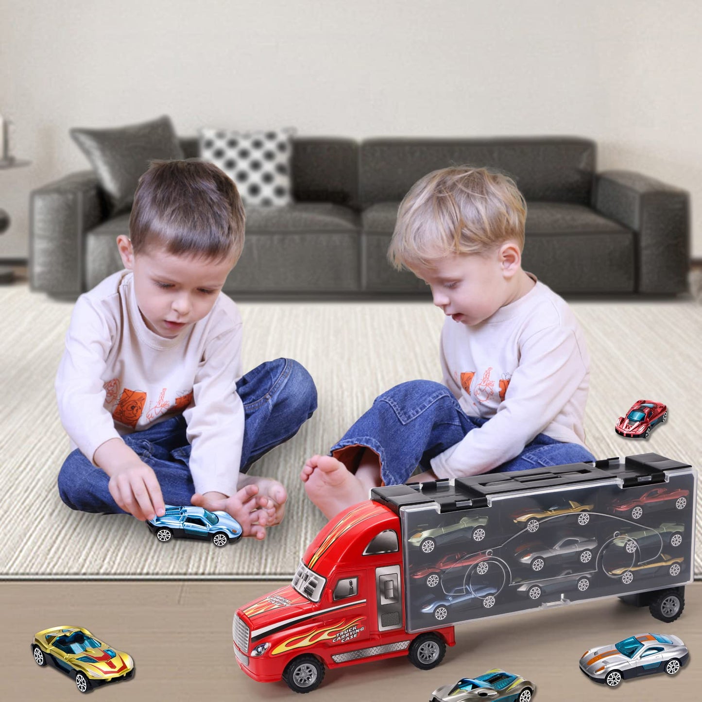 BoomCaCa Toy Truck Transport Car Carrier - 18 Sport Cars in Truck Toys, Toys for Boys and Girls Age 3-10 yrs Old, Ideal Party Christmas Birthday Gift for Kids