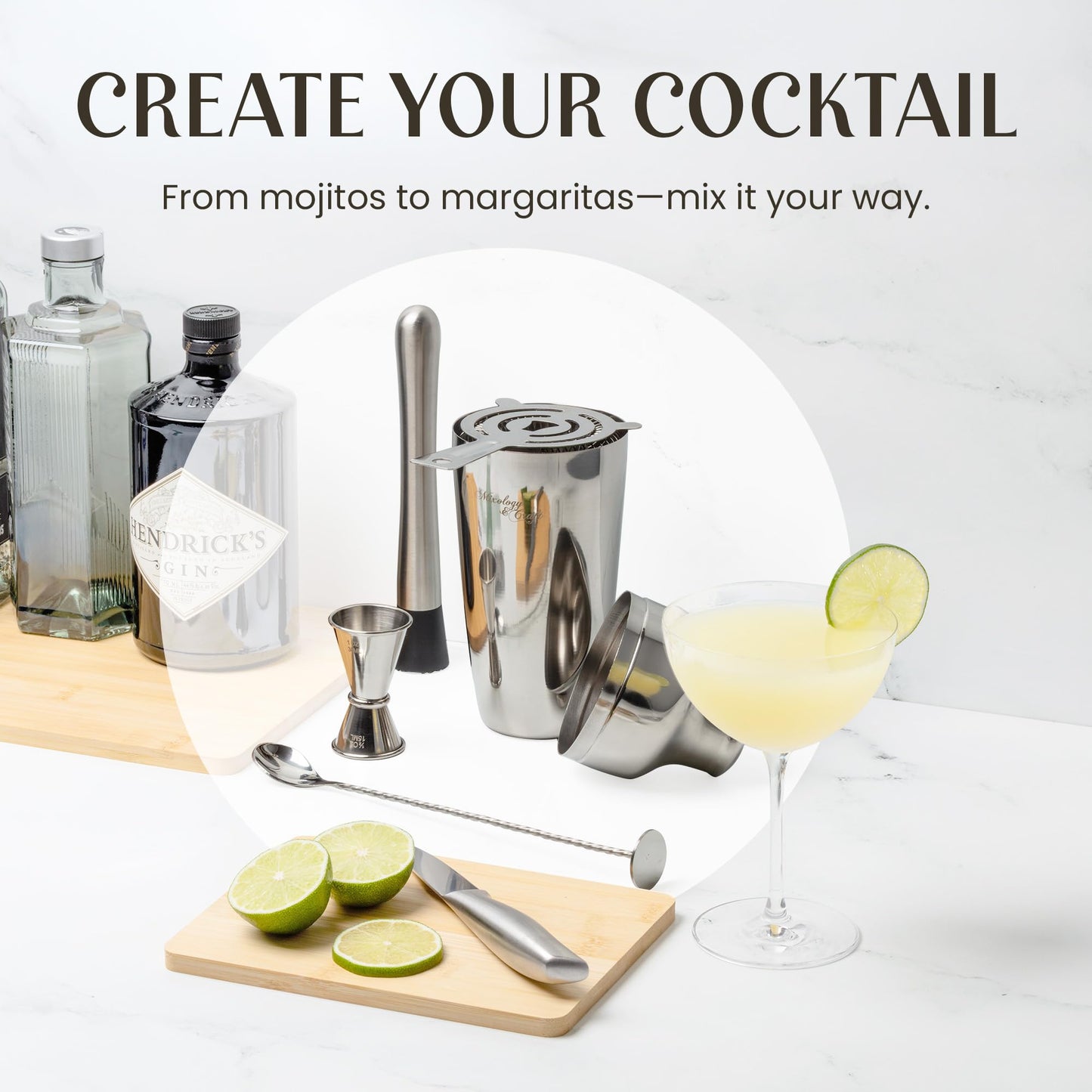 Mixology & Craft Cocktail Shaker Set with Bamboo Stand - Professional 10-Piece Bartender Kit - Complete Bar Set & Cocktail Mixer Kit for Home (Silver)