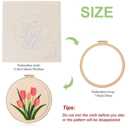 KESTAR Punch Needle Embroidery Starter Kits, Pink Tulip Flower Punch Needle Kits for Adults Beginner, Needle Punch Kit Tool with Instruction Threader Fabric Yarns and Hoop