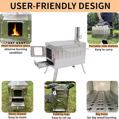 DANCHEL OUTDOOR B6 4 Season Glamping Wall Tent w/Large Wood Stove Camping, No Center Pole, Higher Side Wall, 900D Flame Retardant Oxford for 4 Person Yurt Cabin Tent,13ft/4m