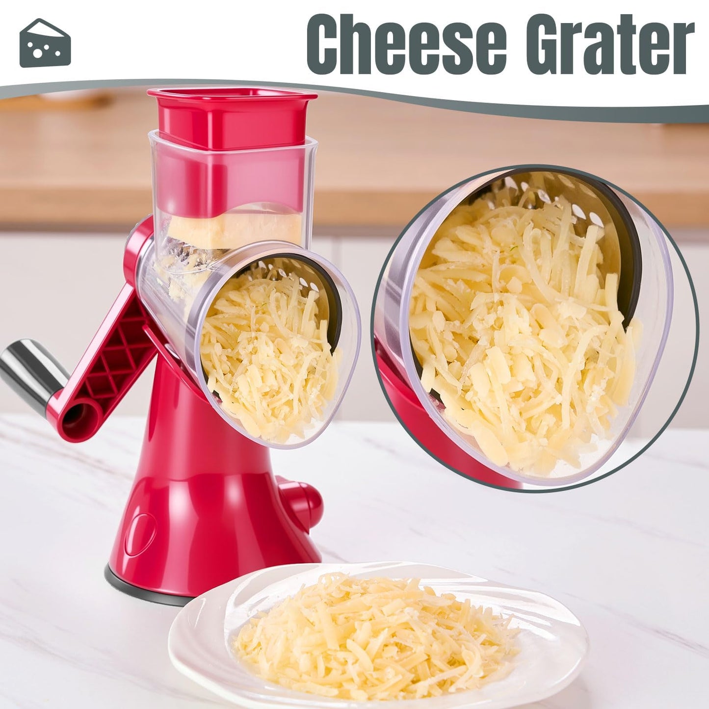 KYZ Rotary Cheese Grater - 12X Faster Hand Crank Vegetable Slicer with 3 Premium Stainless Steel Blades, Strong Suction Base, Dishwasher Safe Food Shredder for Cheese, Vegetables, Nuts, Chocolate