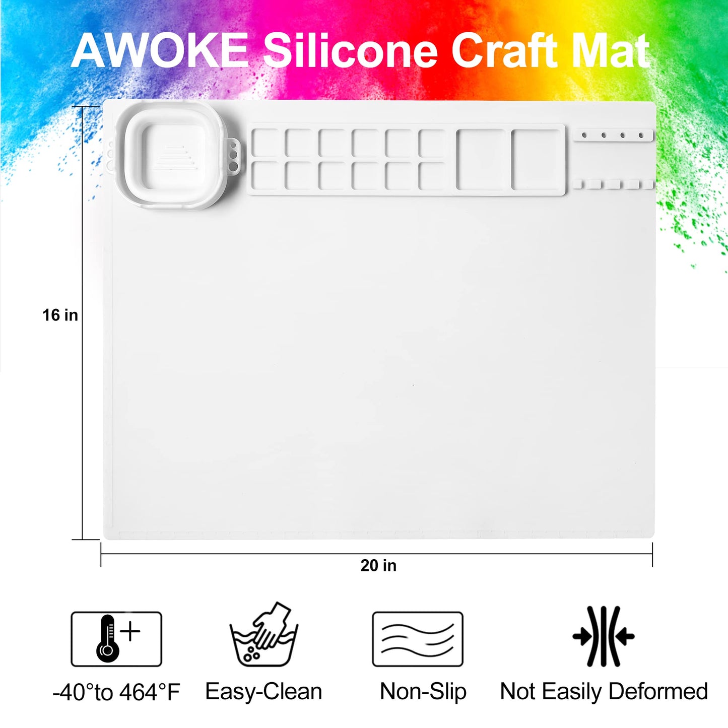 AWOKE Silicone Painting Mat - 20"X16" Silicone Art Mat with 1 Water Cup for Kids - Craft Mat has12 Color Dividers - 2 Paint Dividers (White),Toddler Activities,3 4 5 Year Old Girl Boy Birthday Gifts
