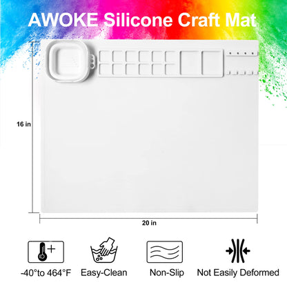AWOKE Silicone Painting Mat - 20"X16" Silicone Art Mat with 1 Water Cup for Kids - Craft Mat has12 Color Dividers - 2 Paint Dividers (White),Toddler Activities,3 4 5 Year Old Girl Boy Birthday Gifts