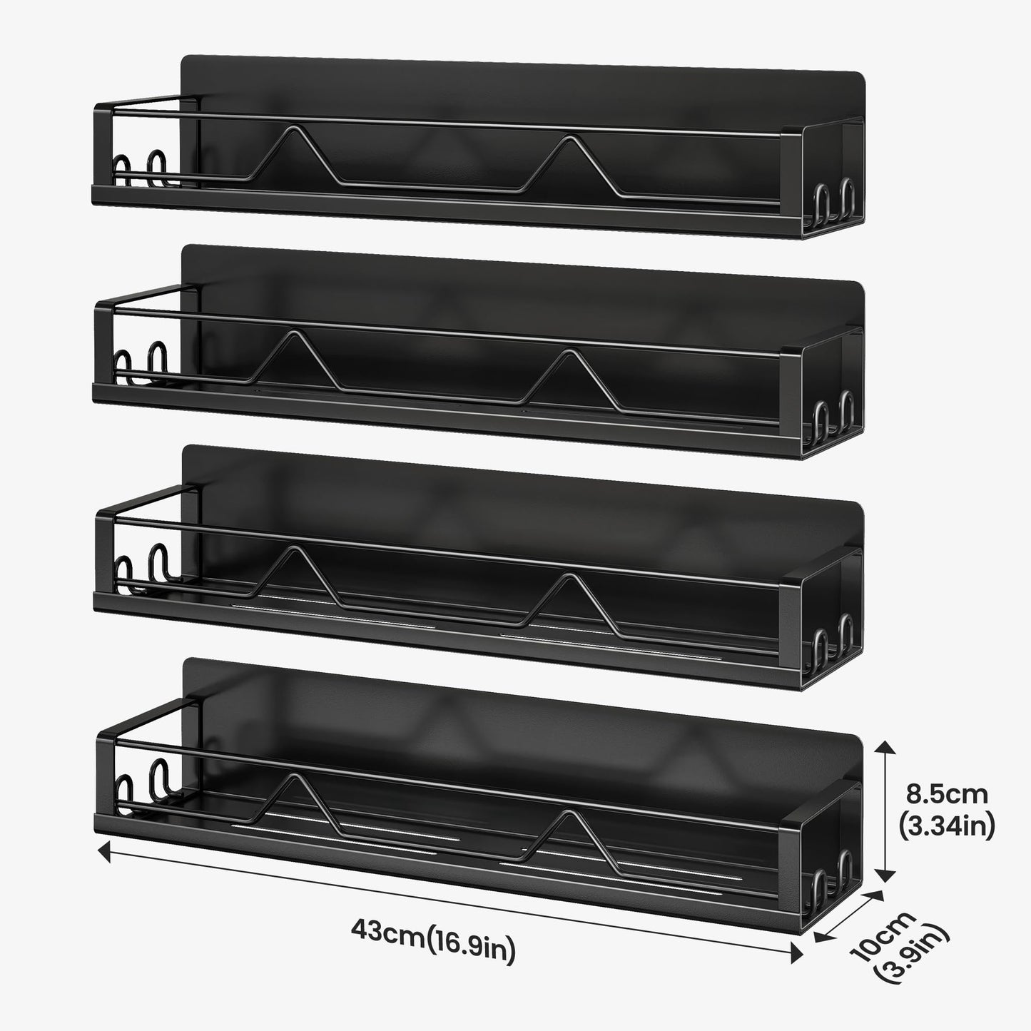 Mystozer 16.9 Inch Wide Large Capacity Magnetic Spice Rack for Refrigerator,4 Pack Metal Fridge Shelf Apartment Essentials Fridge Organizer Magnetic Storage Fridge Magnet Organizer(Black)