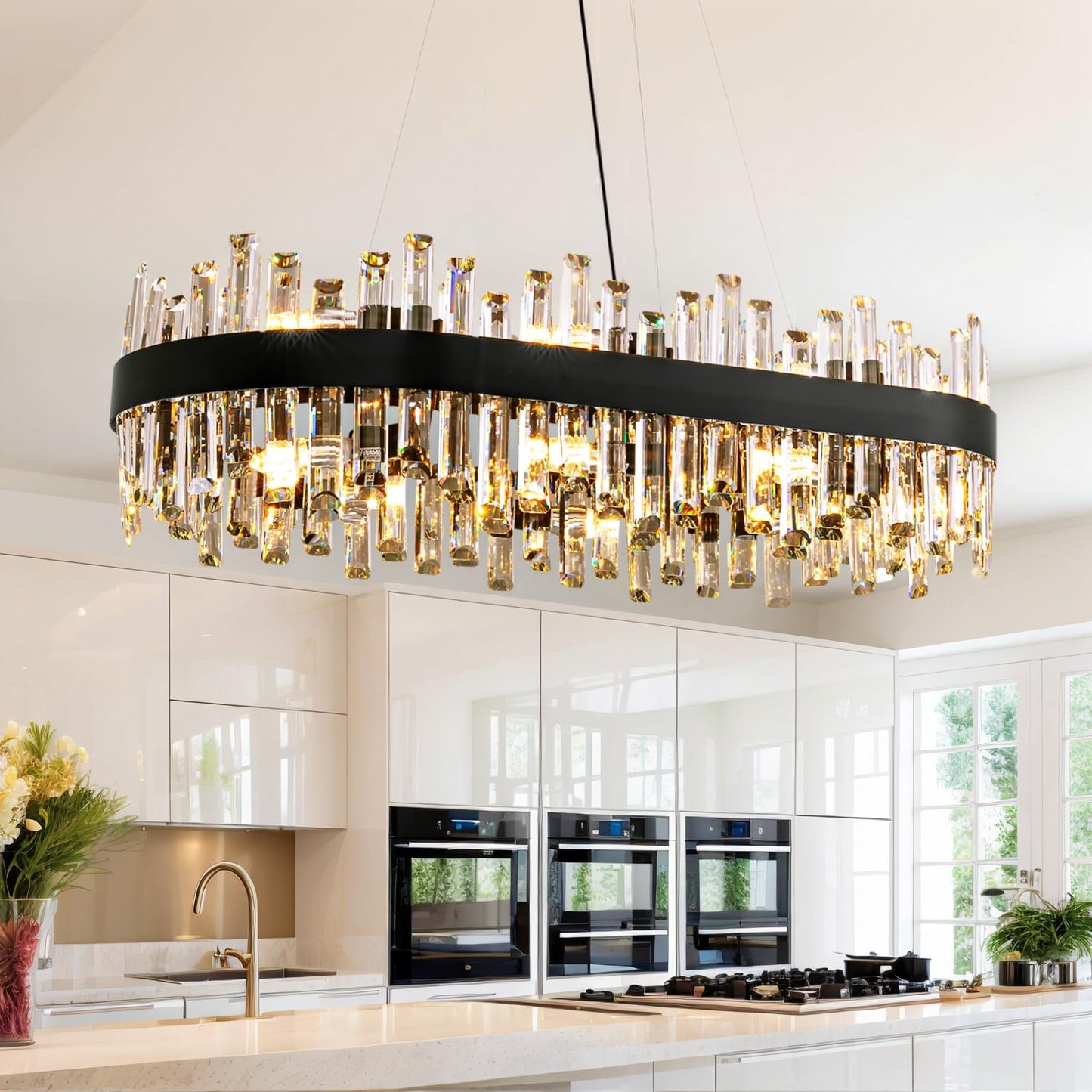 Siljoy Modern Crystal Chandelier, 16-Light Black Rectangular 2-Tiers K9 Crystal Raindrop Chandelier, Farmhouse Crystal Ceiling Light Fixture for Living Dining Room Kitchen Island L35.4 Inch