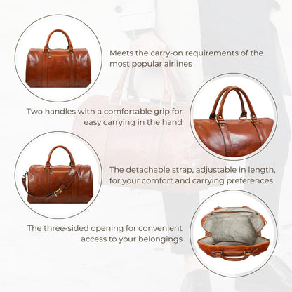 Time Resistance Full Grain Leather Small Duffel Bag - Gym Weekender Overnight Bag (Cognac Brown)