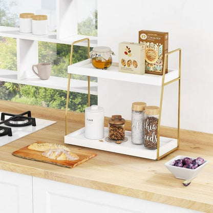 Forbena Bathroom Organizer - Elegant 2-Tier Countertop Storage for Makeup & Skincare | White & Gold