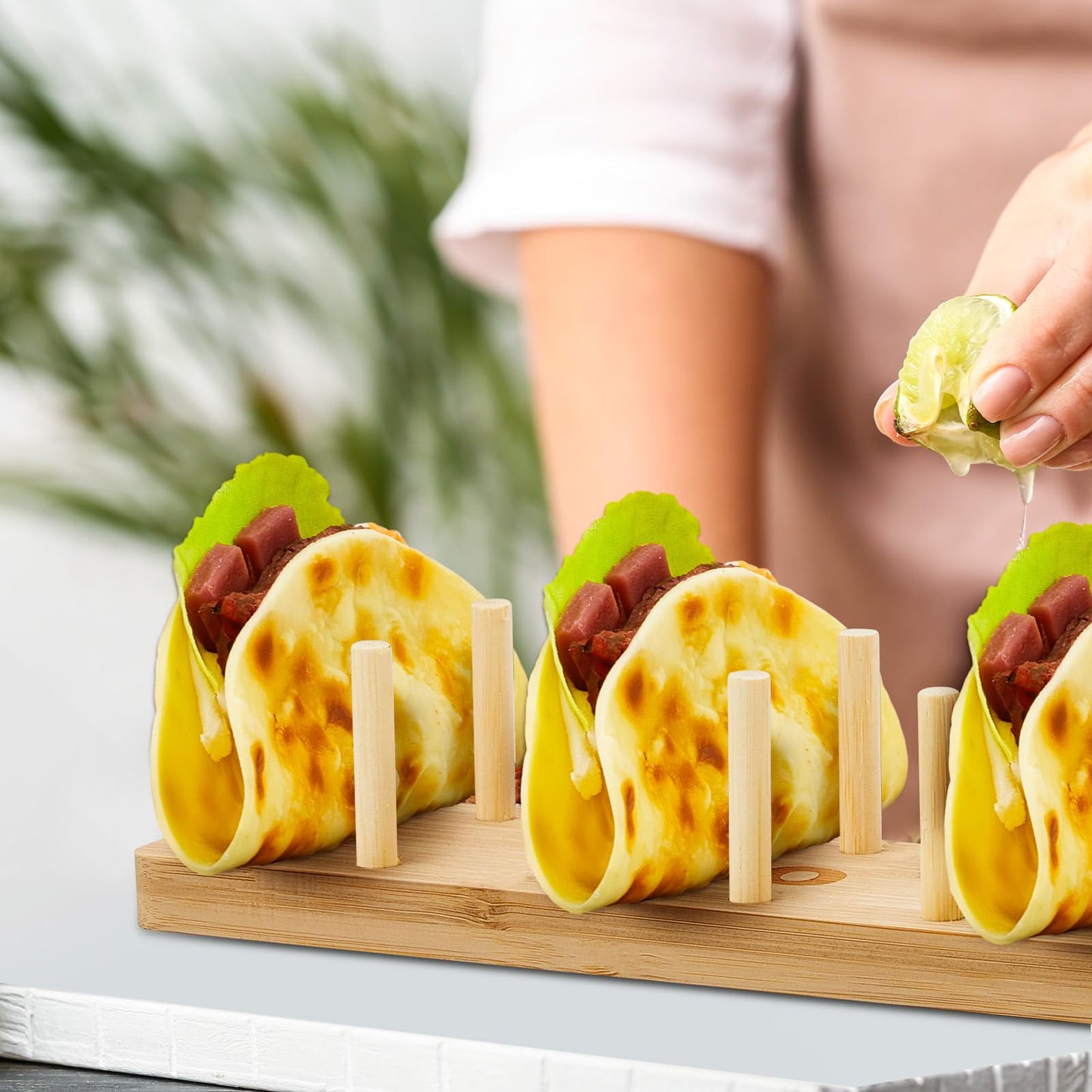 Pinkunn 4 Pcs Bamboo Taco Tray Holder Holds 8 Rack Tray Soft or Hard Shell Tacos Food Serving Stand for Tortillas Burritos Kitchen Accessory Housewarming Gift