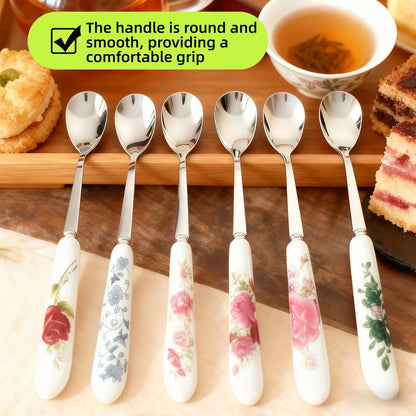 Hiiooweiyi 6-Piece Set of Stainless Steel Coffee Spoons Ceramic Handles Teaspoons Sugar Water Ice Cream Smoothies Spoons Soup Mixing Utensils