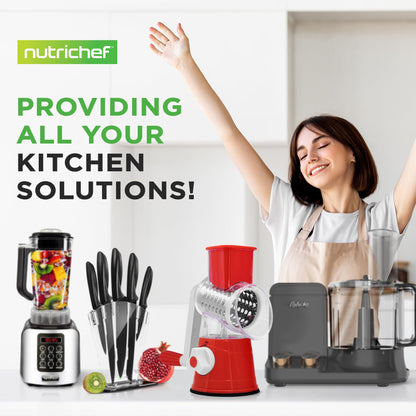 Nutrichef 3 in 1 Cheese Grater & Shredder | Strong Suction Base, Rotary Handle with Safety Lock | Includes Cleaning Brush, Hand Crank & 3 Drum Blades for 3 Textures, Fine, Medium & Strips | Red