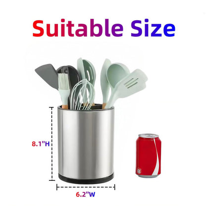 LIBODOUR Kitchen Utensil Holder Extra Large 360°Rotating For Counter Organizer Stainless Steel Storage Cooking Silverware Caddy 3 Compartment Flatware Spoon Spatula Tool Cutlery Container（Silvery）
