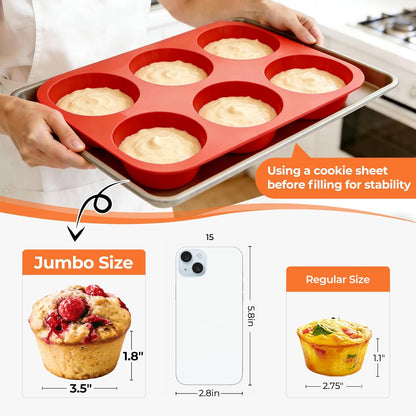 Skiennix Jumbo Muffin Pan - 6 Cup Silicone Baking Mold | 3.5 Inch Non-Stick Design for Easy Release