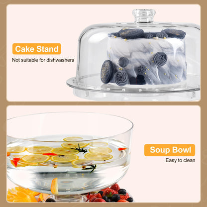 JOCHER Cake Stand with Acrylic Dome Cover, 6-In-1 Multi-Purpose Cake Stand with Lid, 12.2", Acrylic Cake Stand, Veggie Platter, Salad Bowl, Dessert Platter, Punch Bowl, BPA Free