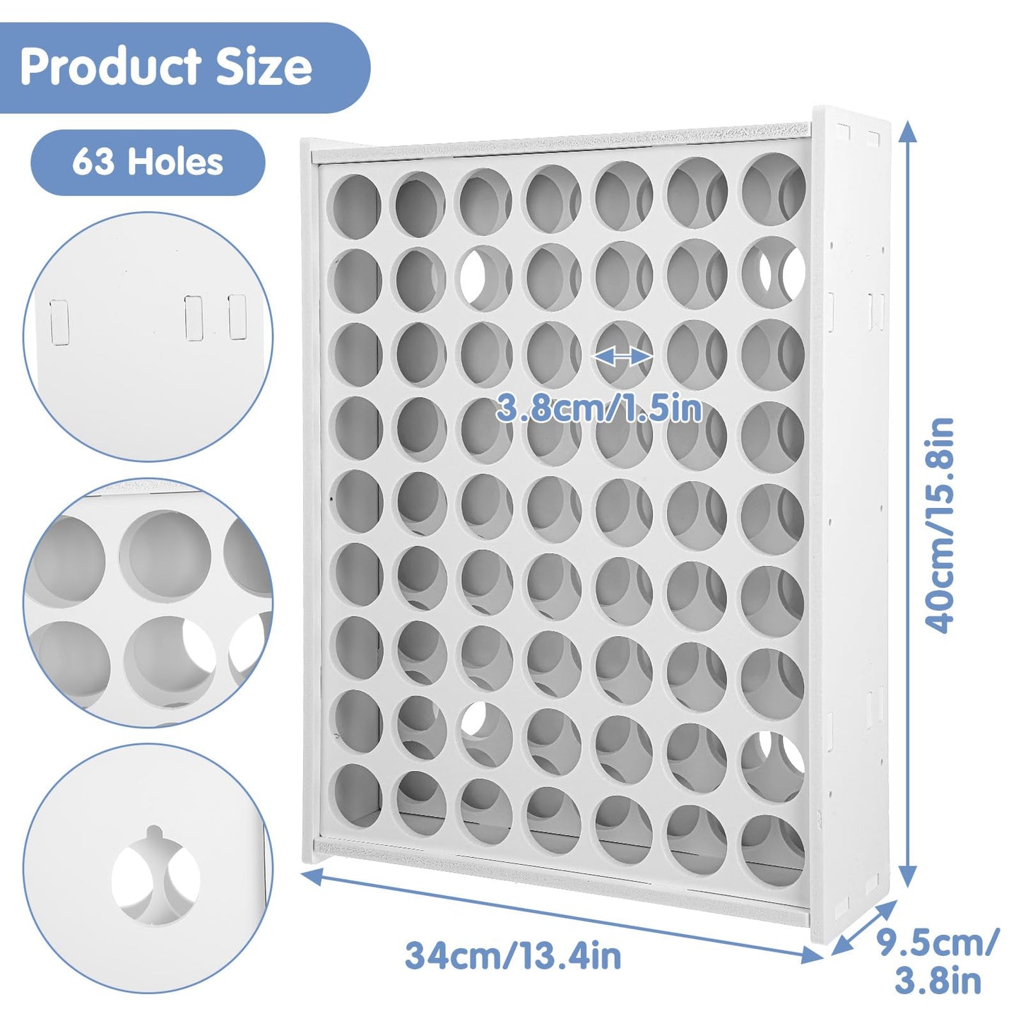 2 Pcs 63 Holes Paint Organizer, Wall-Mounted and Stackable Vertical Craft Paint Storage Holder for 2oz Craft Paints, White